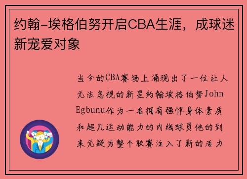 约翰-埃格伯努开启CBA生涯，成球迷新宠爱对象